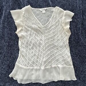 Allison Taylor Women's Sheer White Top Size Medium-Vintage-Ruffle Short‎ Sleeve